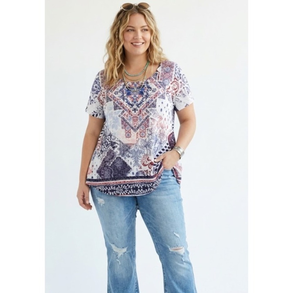 New Live and Let Live Top 1X Multi Abstract Rhinestone Patchwork Print Festival